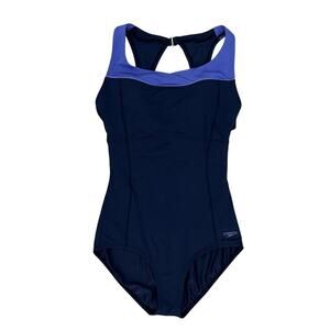 Speedo High Neck Piped One Piece Swimsuit Women’s Sz 8 Black & Blue